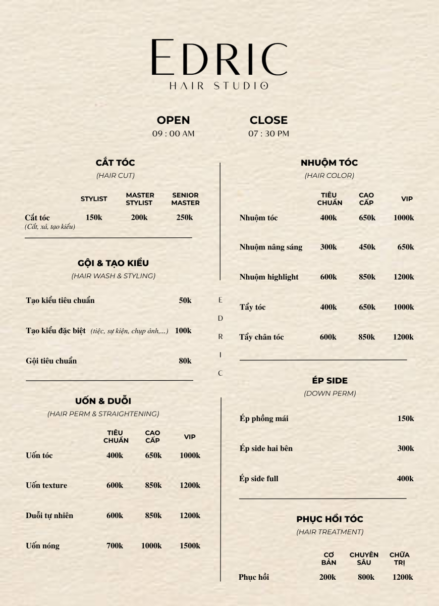 bảng giá dịch vụ tại Edric Hair Studio